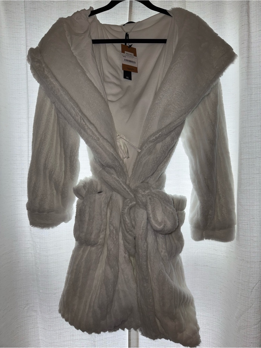 Pretty You London Cream Plush Hooded Cloud Robe with Tie Belt